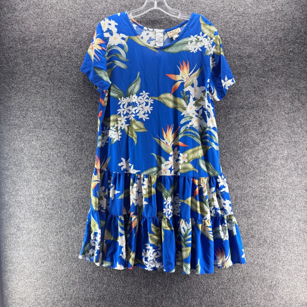 Aloha Hut Hawaii Mini Dress Women Large Blue Tropical Floral Ruffle Summer Boho